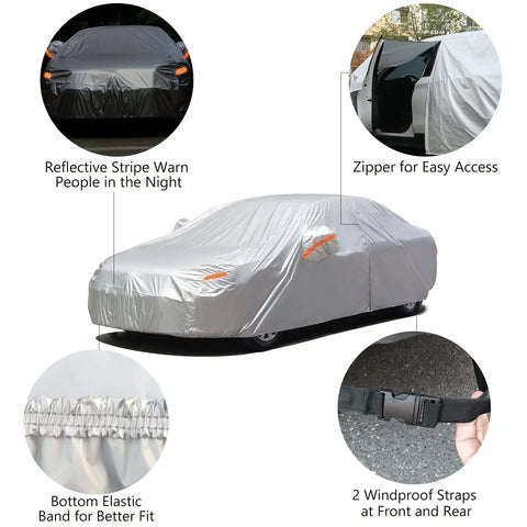 Heavy Duty All Weather 2 Layer Car Cover With Driver Door Zipper Universal Sedan Fit Up To 200 Inches Waterproof UV Protection