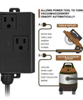 Automatic vacuum switch for power tools in black plastic housing with dual outlets A and B and vacuum accessory outlet