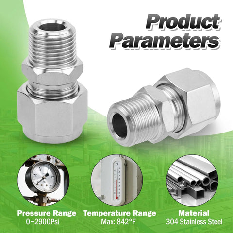 Two Goldpea 304 stainless steel compression adapters, 3/4 in OD x 3/4 in NPT male tube fittings; front view; pack of 2