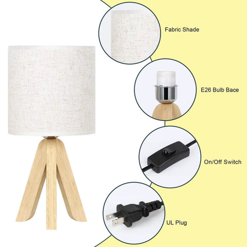 Set Of 2 Wood Tripod Bedside Lamps With Linen Fabric Shade features lampshade, bulb base, on/off switch, and UL plug details.