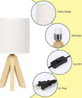 Set Of 2 Cute Wooden Tripod Bedside Lamps With Linen Fabric Shade, showing lampshade details, E26 base, switch, and plug.