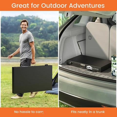 Portable Grill Table For Blackstone Griddle And Ninja Fits Foldable Prep Table with carry handle beside car trunk storage