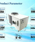 Heavy Duty Portable Industrial Ac Unit To Kick Some Workshop Heat At Bay 61000 Btu Hour Spot Cooler 220v Three Phase 72kw, showing specifications and dimensions.