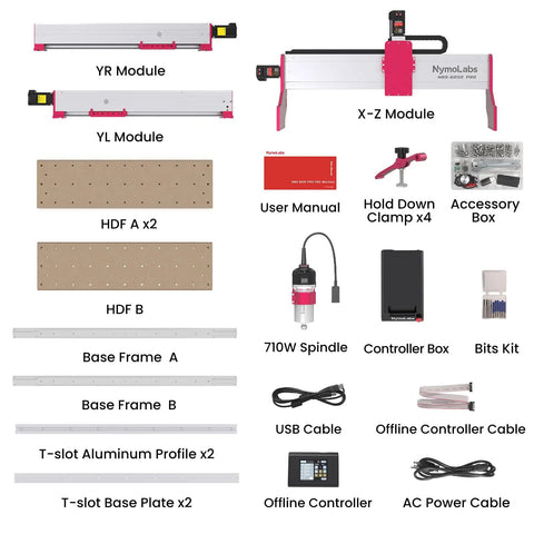 Badass Professional Grade Benchtop Cnc Router Machine With 710W Spindle Nema 24 Closed Loop Motors Linear Rails And Precision Ball Screws set of components including modules and accessories.