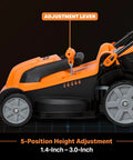 Corded Electric Lawn Mower With 14 Inch Cutting Width And 11 Amp Power displaying height adjustment lever.