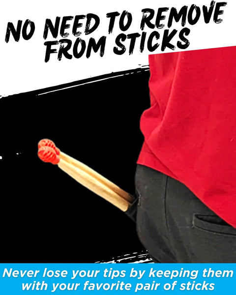 Silicone Drumstick Dampeners Replace Pads Quiet Practice Mute Tips 4 Pack attached to drumsticks in a pocket for easy access.