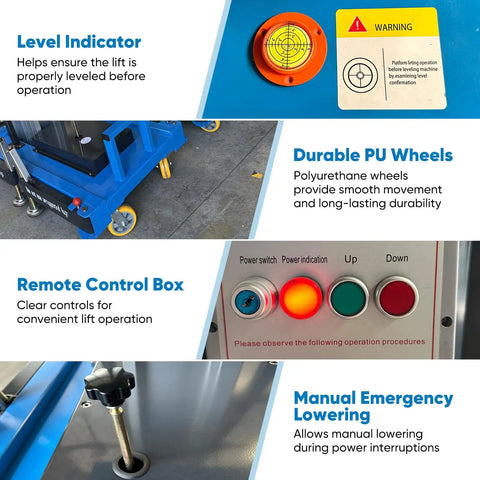 Slick Electric Hydraulic Single Mast Lift control panel with level indicator, remote control, and PU wheels for overhead repair work.