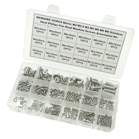 Grab-And-Go Pro Grade 304 Stainless Steel Phillips Flat Head Machine Screws Set, Assorted M2 to M8, 353 Pieces in Organizer Box