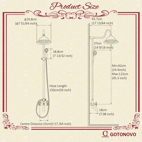 Diagram showing dimensions of Oil Rubbed Bronze Shower Faucet Fixture With 8 Inch Rain Shower Head Dual Knob Control Triple Function Tub Spout 12 Inch Extension Included Durable Brass 3 In 1 Diverter Mixer Valve.