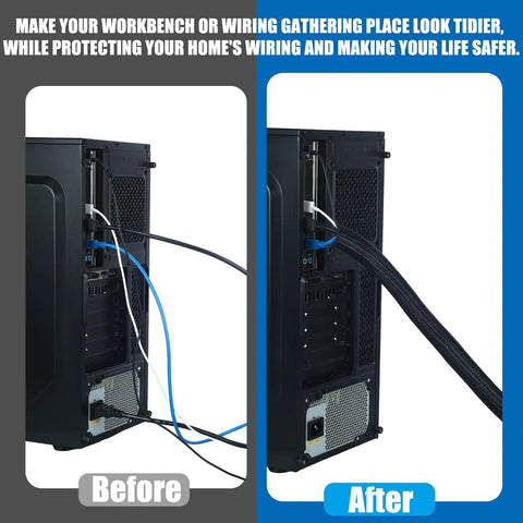 Comparison of wiring management with Built Tough For Your Ride 50 Ft Split Wire Loom Tubing; before with messy cables, and after neatly organized.