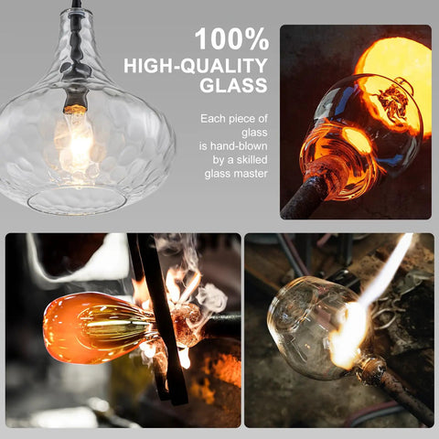 WILON 11" Hammered Glass Pendant Lights Kitchen Island Black, showing hand-blown glass creation process and finished product.