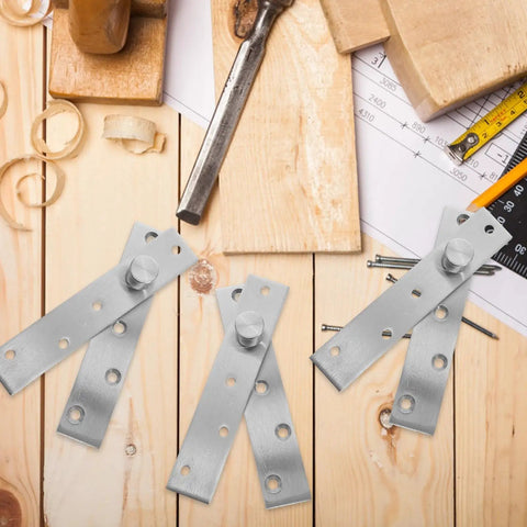 Full Rotation Pivot Door Hinges Set of Four Stainless Steel Hidden Hinges 360 Degree on wooden table with tools