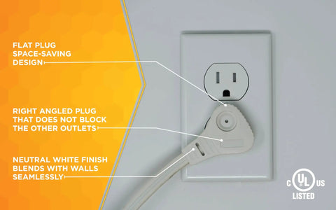 Angled Flat Plug Extension Cord With SlimLine Design And 3 Grounded Outlets, 13 Foot Indoor Power Cord in white wall socket