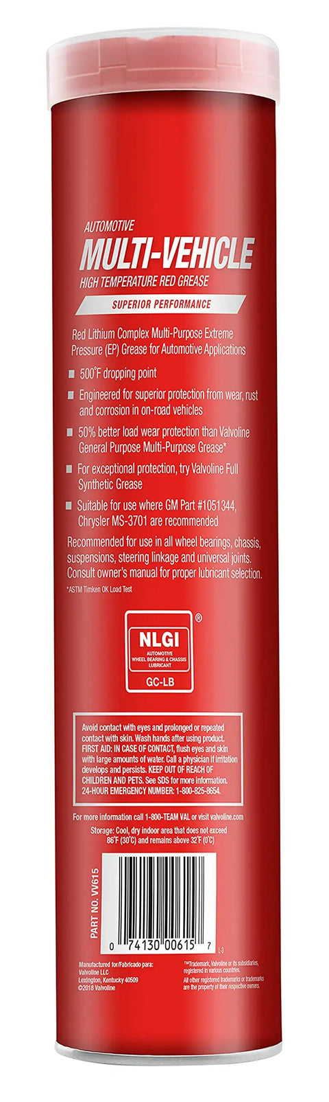 Label of Multi Vehicle High Temperature Red Grease Cartridge 14.1 Oz For Tough Jobs Extreme Pressure Protection NLGI 2 GC LB