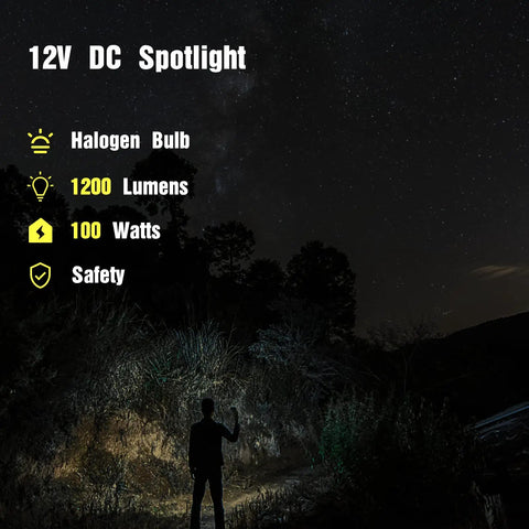 Heavy Duty Handheld Spotlight With 12V DC Charger, Halogen Bulb, lighting up dense forest in nighttime scene