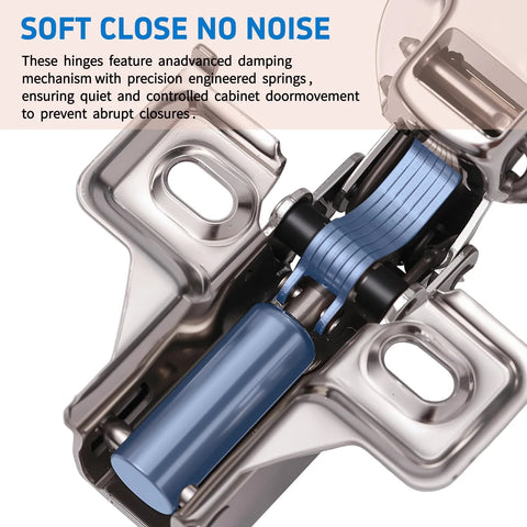 Mirdinner cabinet hinge close-up with blue dampers, stainless steel, self-closing