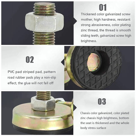 Heavy Duty Leveling Feet 4 Pack Tough As Nails Carbon Steel Adjustable Machine Mounts Non Slip Base close up of screw and rubber base