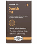 Flat Out Danish Oil Wood Finish Creates A Super Slick Satin Shell That Keeps Water At Bay While Boosting Warm Timber Tones On Oak Pine Counters And Decks Shows Up Ready To Rub Down In A Hella Generous 169 Fluid Ounce Jug, 5L jug image with wood oil details.