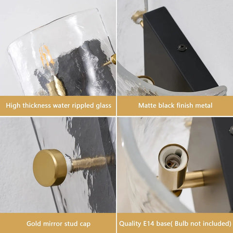 MWZ Modern 2-Light Wall Sconce Set of 2 with Water Rippled Glass Shades 11" features high thickness water rippled glass and matte black metal.