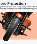 Dope 1.25 Inch Crash Bar Sliders End Caps With CNC Carbon Fiber Inlay Orange Rugged Aluminum Guard Caps installed on motorcycle