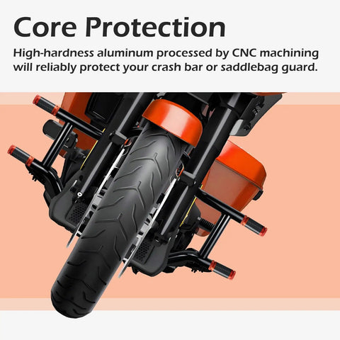 Dope 1.25 Inch Crash Bar Sliders End Caps With CNC Carbon Fiber Inlay Orange Rugged Aluminum Guard Caps installed on motorcycle