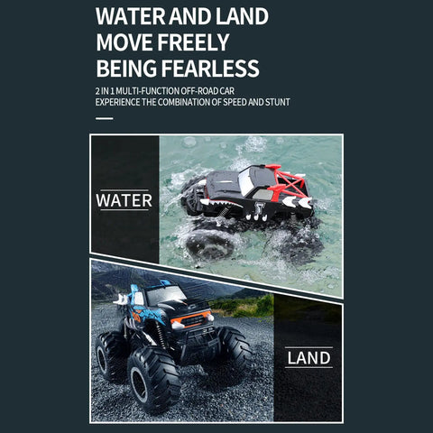 Amphibious RC Car For Land And Water With 1 To 16 Scale Four Wheel Drive Beast Mode Monster Truck And 360 Degree Rotation