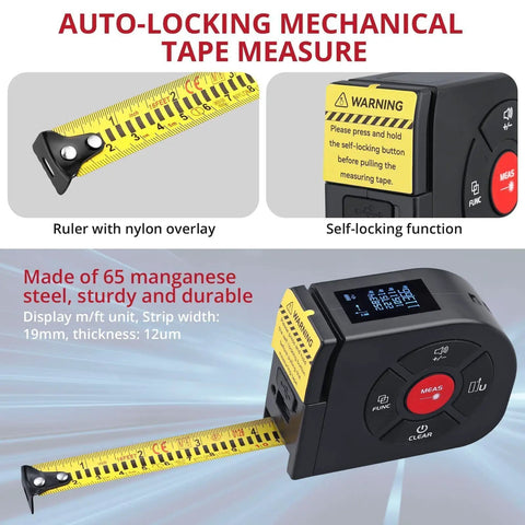 2 In 1 Laser Tape Measure With 164 Ft Laser Range And 16.5 Ft Digital Tape Measure, Ultra Accurate To 2 Mm, Easy Switch Between Long Range And Short Measurements For Framing, DIY Projects, And Quick Layouts, black self-locking tape measure with nylon blade