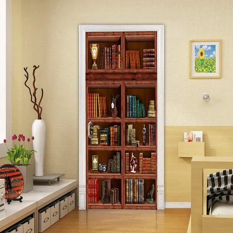 Brown bookshelf 3D Door Mural Wallpaper Stickers Set For Home Decor Self Adhesive And Removable DIY Door Decals Two Piece