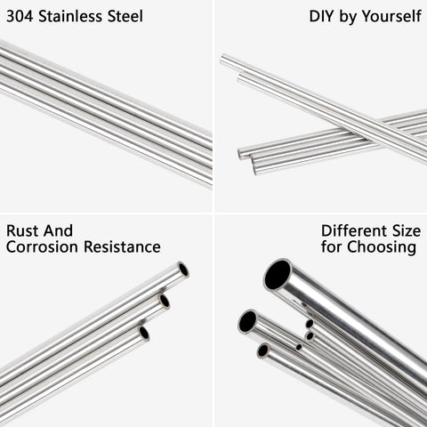 Two 1-inch OD 304 stainless steel tubes, 12 in long, 1.5 mm wall, metal tubing shown in multiple views.
