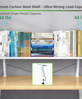 Grab These Rock Solid 2 Pack Desk Clamp Brackets For Heavy Duty Floating Table Support, Legit Carbon Steel Monitor Riser Shelf With Secure Double Lock To Level Up Your Desk Setup displaying books on a sturdy shelf.