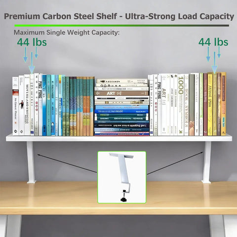 Grab These Rock Solid 2 Pack Desk Clamp Brackets For Heavy Duty Floating Table Support, Legit Carbon Steel Monitor Riser Shelf With Secure Double Lock To Level Up Your Desk Setup displaying books on a sturdy shelf.