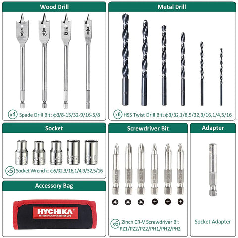 Wood, metal drill bits set for Cordless Drill Driver 20V Workhorse Kit with 330 inch pound torque, screws, sockets, adapter