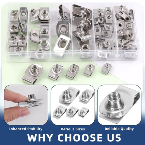 54 Piece Assorted U Style Clip On Nuts Crafted From Grade 304 Stainless Steel Snap Tight To Auto Fender And Dash Panel, various sizes shown.