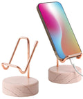 Marble Phone Stand With Metal Holder Charges While You Use It, Swipe Up To Unlock, Natural Marble Base, Rose Pink And Rose Gold