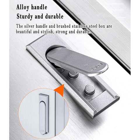Close-up of alloy handle on Heavy Duty 304 Stainless Steel Fire Extinguisher Storage Cabinet with brushed finish.
