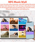 Tablet and smartphone displaying NFC Music Wall interface, showcasing various music genres, with a modern, interactive design.