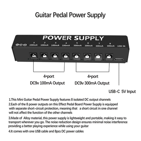 Eight Isolated Outputs Pedalboard Power Supply With Independent Short Circuit Protection, Ultra Compact Mini Size