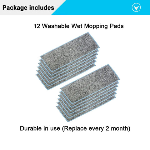 12 Pack Washable Reusable Wet Mopping Pads For iRobot Braava Jet M6 Series, stacked grey fibers, durable wicking material.