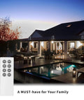 Lit Outdoor Solar Flood Lights Dusk To Dawn With Remote Control 800LM 64 LED 6500K illuminating a modern patio at dusk