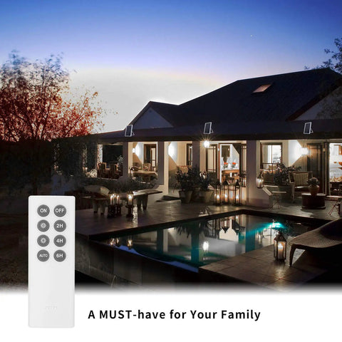 Lit Outdoor Solar Flood Lights Dusk To Dawn With Remote Control 800LM 64 LED 6500K illuminating a modern patio at dusk