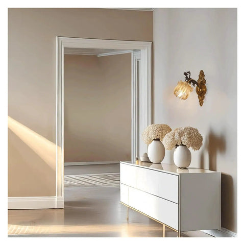 LMAPLUMP Wall Lamp Wall Sconce Classical European Vintage Antique Zinc Alloy Flower Glass Shade Crystal Accents Light for Bedroom Bedside, mounted beside a modern console.