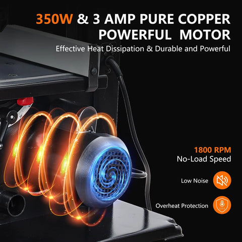 Deadly Accurate Benchtop Band Saw With Eight Inch Capacity Smooth Riding Three Amp Motor showing 350W copper motor and heat dissipation.