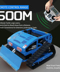 Blue 9 HP Gas RC Robotic Lawn Mower with Snow Plow, remote control, 600m range, used for slopes and orchards, ideal commercial use.