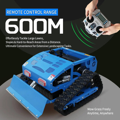 Blue 9 HP Gas RC Robotic Lawn Mower with Snow Plow, remote control, 600m range, used for slopes and orchards, ideal commercial use.