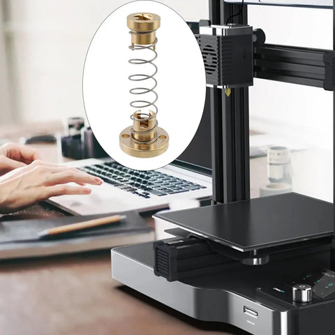 Top Tier T8 Trapezoid Motor Screw Nut Kit With Knockout Zero Play Anti Backlash Springs Gets 8mm Threaded Rod displayed with laptop