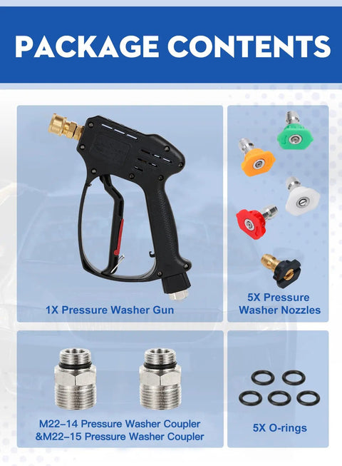Heavy Duty 5000 PSI Short Pressure Washer Gun With Swivel Inlet And Extension Wand Five Nozzles M22 Connectors Car Wash Kit