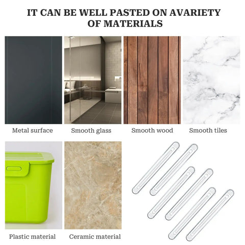 Rock Solid Silicone Cabinet Door Bumpers With Hella Strong Adhesive, Clear Furniture Protectors For Walls Drawers And Shower Doors, 6 Pack Easy Peel Stick Guards displayed on various surface materials.