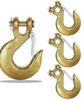 Beefed Up Heavy Duty Slip Hook 4 Pack Grade 70 Forged Steel Clevis Chain Hook With Safety Latch For Trailer And Truck Chains 18000 Lbs Working Load Limit Tow Hook, showing four hooks with safety latches arranged diagonally on a white background.