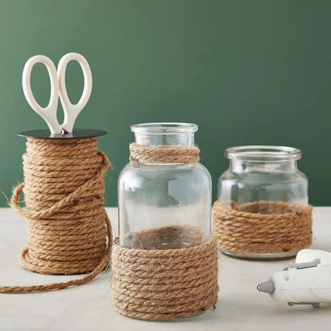 100 Feet Thick Twisted Nautical Rope For Crafts And Gift Wrapping Brown Jute String Twine on glass jars with glue gun
