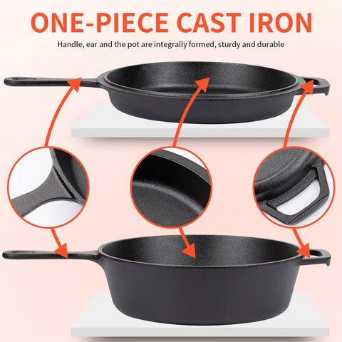 One-piece cast iron 3.2 quart pot showing details of Two In One Cast Iron Dutch Oven With Lid That Doubles As A Shallow Skillet